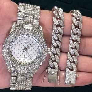 Men’s 14K White Gold Plated Watch&12mm Bracelet